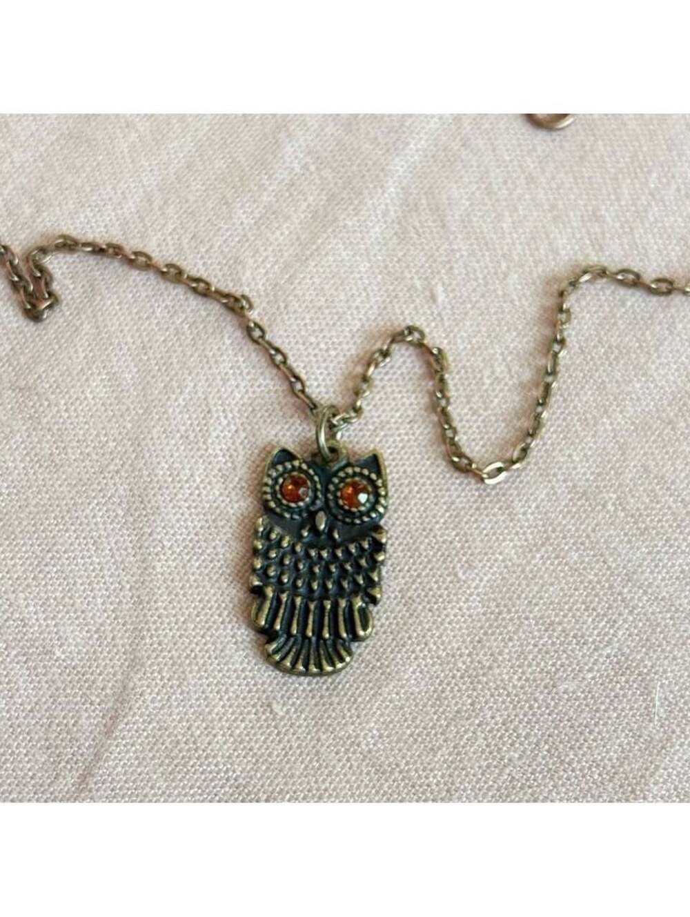 Vintage Owl Pendant Necklace w/ Amber Eyes